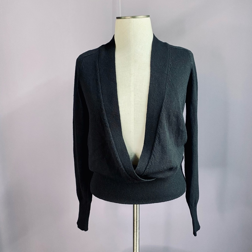 J Crew Wool Cashmere Blend Black Cross Over Deep V Front Sweater Womens XS